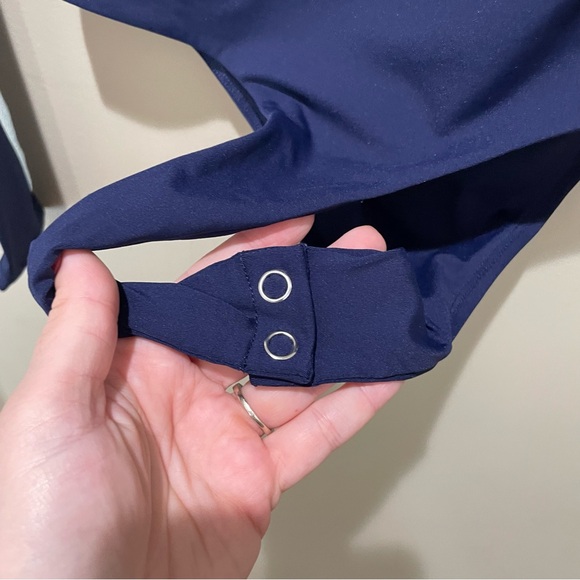 Qinsen Square Neck Thong Long Sleeve Bodysuit Navy Blue Women’s Size Medium - Picture 14 of 14